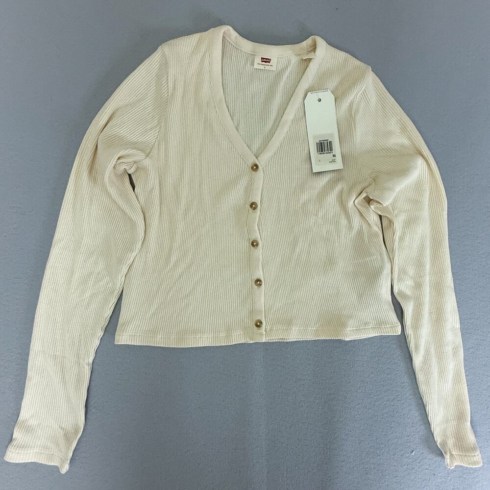 Levi's Demi Ribbed V-Neck Button-Up Cardigan Sweater Buttercream Ivory Sz L
